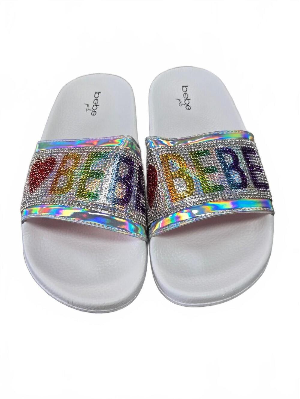 bebe Girl White Slide Sandals with Rhinestone 'LOVE BEBE' Strap